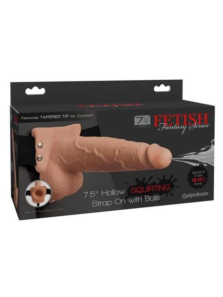 HOLLOW SQUIRTING STRAP-ON DILDO WITH BALLS AND HARNESS 7.5 IN