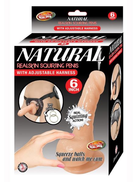 NATURAL REALSKIN SQUIRTING PENIS WITH ADJUSTABLE HARNESS 8IN - VANILLA