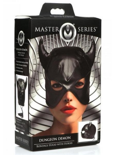 CAT WOMEN DUNGEON DEMON BONDAGE HOOD WITH HORNS - BLACK