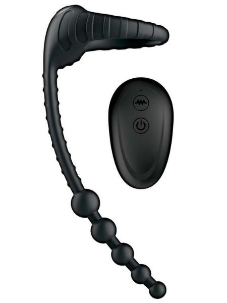 RECHARGEABLE SILICONE COCK RING WITH ANAL BEADS - BLACK