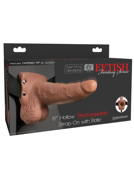 FETISH FANTASY HOLLOW RECHARGEABLE STRAP-ON WITH BALLS 6IN - CARAMEL