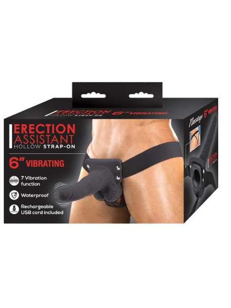 ERECTION ASSISTANT HOLLOW VIBRATING STRAP-ON 6IN - BLACK