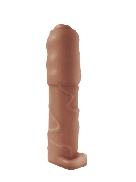 NATURAL REALSKIN VIBRATING UNCIRCUMCISED PENIS EXTENDER WITH SCROTUM RING - CHOCOLATE