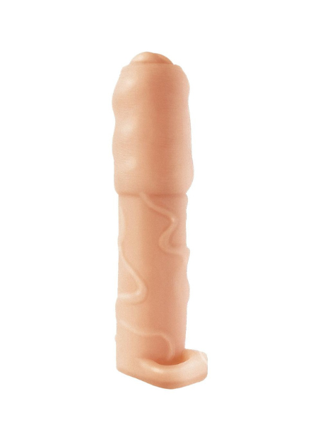 NATURAL REALSKIN VIBRATING UNCIRCUMCISED PENIS EXTENDER WITH SCROTUM RING - CHOCOLATE