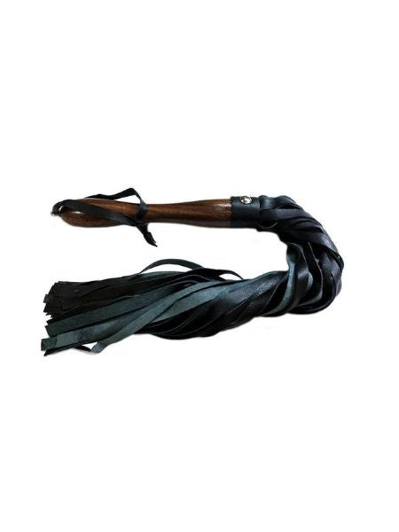 ROUGH WOODEN HANDLE LEATHER FLOGGER - BLACK