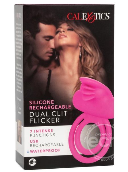 SILICONE RECHARGEABLE DUAL CLIT FLICKER VIBRATING COCKRING WATERPROOF - PINK