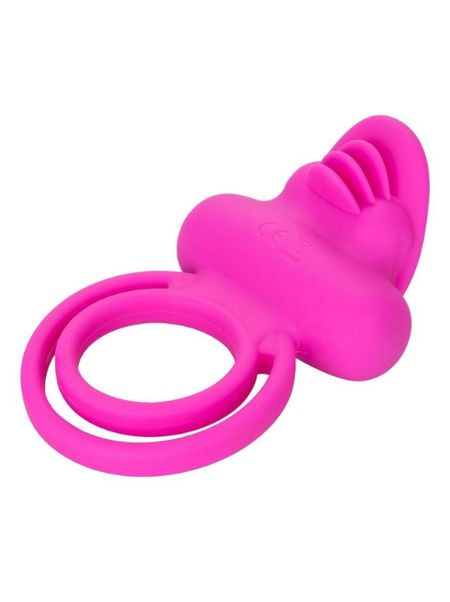 SILICONE RECHARGEABLE DUAL CLIT FLICKER VIBRATING COCKRING WATERPROOF - PINK
