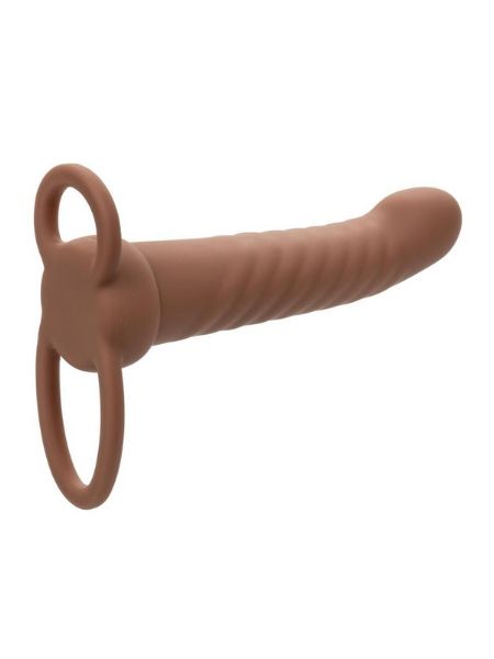 RECHARGEABLE SILICONE RIBBED DUAL PENETRATOR EXTENDER - CHOCOLATE
