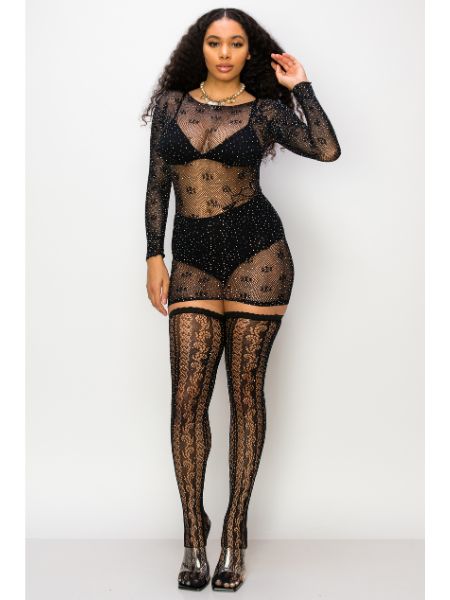 BLING FISHNET LONG SLEEVE DRESS WITH THIGH HI