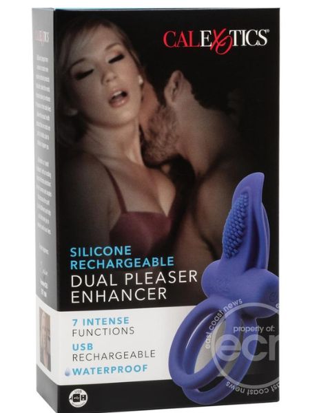 SILICONE RECHARGEABLE DUAL PLEASURE ENHANCER COCK RING - BLUE