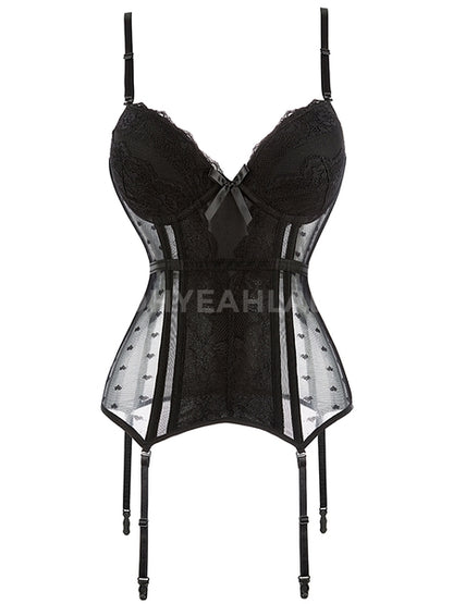 SATIN LACE STITCHING CORSET - BLACK