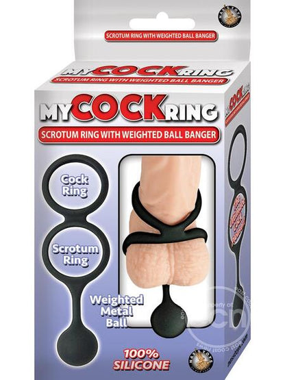 DOUBLE RING SILICONE COCK & SCROTUM RING & WEIGHTED BALL - BLACK