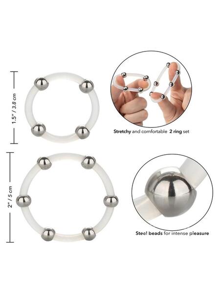 STEEL BEADED SILICONE COCK RING ( 2 SET )  - LARGE/ X  LARGE - CLEAR