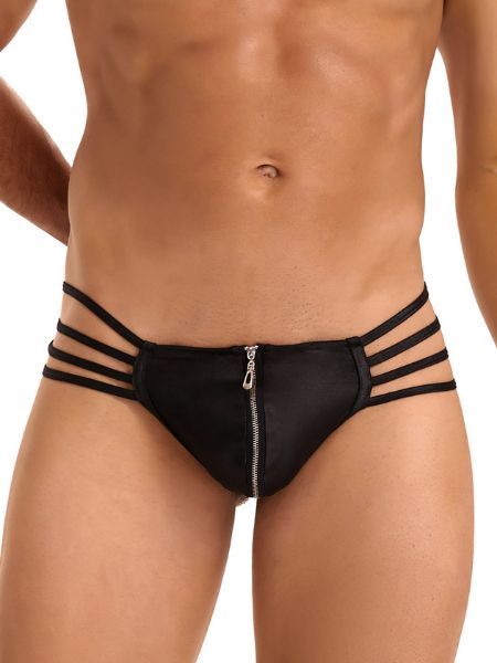 SYNTHETIC LEATHER ZIPPER CAGE THONG UNDERWEAR