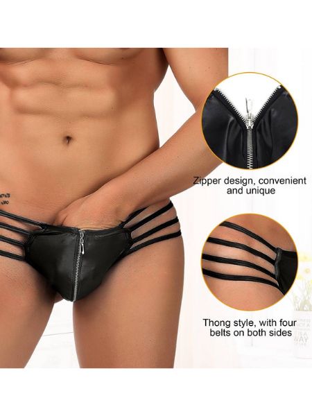 SYNTHETIC LEATHER ZIPPER CAGE THONG UNDERWEAR