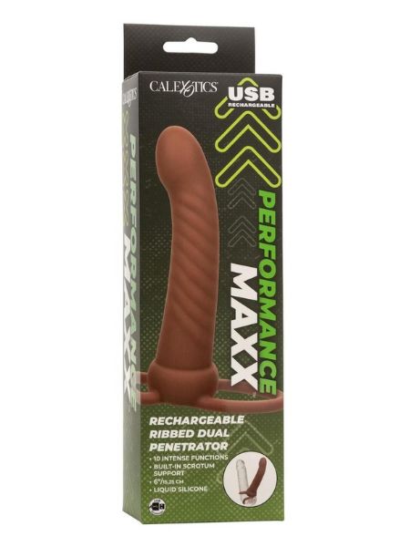 RECHARGEABLE SILICONE RIBBED DUAL PENETRATOR EXTENDER - CHOCOLATE