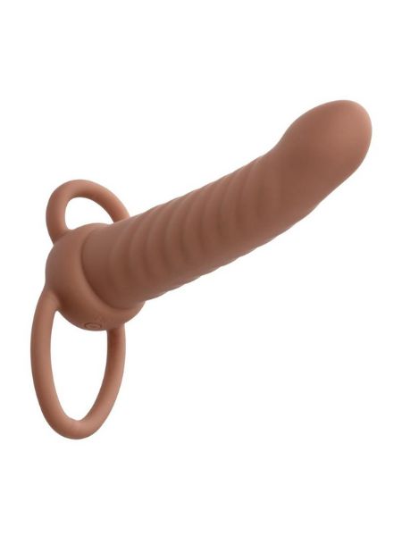 RECHARGEABLE SILICONE RIBBED DUAL PENETRATOR EXTENDER - CHOCOLATE