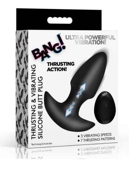 THRUSTING & VIBRATING RECHARGEABLE SILICONE BUTT PLUG - BLACK