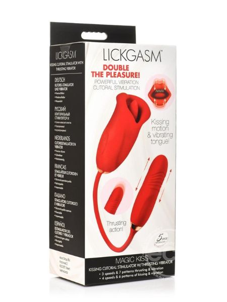 KISSING MOTION & TONGUE RECHARGEABLE SILICONE CLITORAL STIMULATOR WITH THRUSTING VIBRATOR - RED  - Red