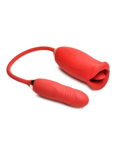 KISSING MOTION & TONGUE RECHARGEABLE SILICONE CLITORAL STIMULATOR WITH THRUSTING VIBRATOR - RED  - Red