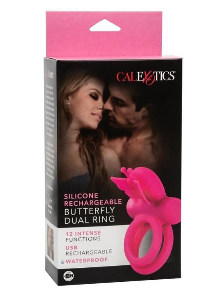 SILICONE RECHARGEABLE DUAL BUTTERFLY COUPLE RING - PINK