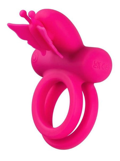 SILICONE RECHARGEABLE DUAL BUTTERFLY COUPLE RING - PINK