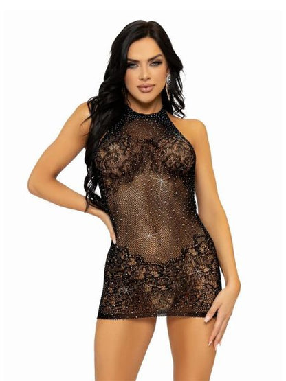 RHINESTONE LACE AND NET MINI DRESS