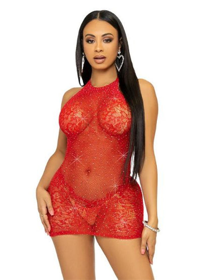 RHINESTONE LACE AND NET MINI DRESS