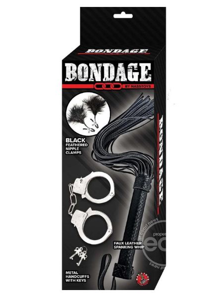 BONDAGE WHIP FEATHER CLAMPS AND CUFFS KIT - BLACK