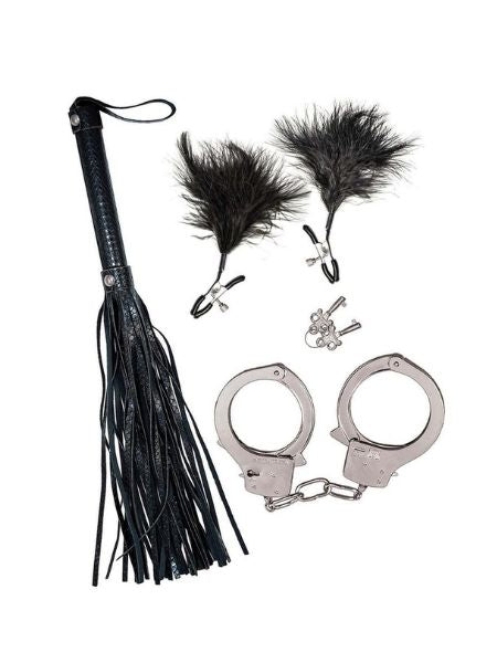 BONDAGE WHIP FEATHER CLAMPS AND CUFFS KIT - BLACK