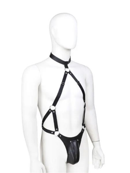 MALE BONDAGE HARNESS CHASTITY BELT PANTS AND LEATHER RESTRAINS