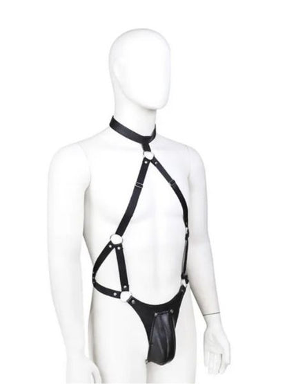 MALE BONDAGE HARNESS CHASTITY BELT PANTS AND LEATHER RESTRAINS