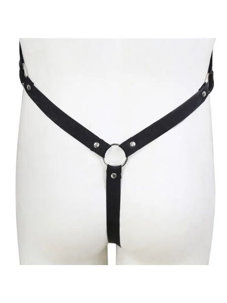 MALE BONDAGE HARNESS CHASTITY BELT PANTS AND LEATHER RESTRAINS
