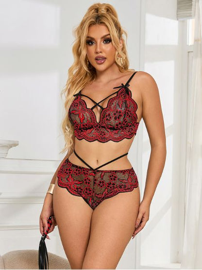 2 PC LACE BRA AND MATCHING UNDERWEAR - RED
