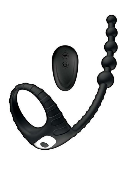 RECHARGEABLE SILICONE COCK RING WITH ANAL BEADS - BLACK