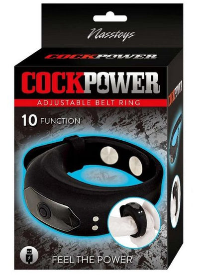 ADJUSTABLE BELT RECHARGEABLE SILICONE COCK RING - BLACK