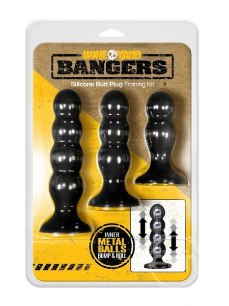 BONEYARD BANGERS SILICONE WEIGHTED BUTT PLUG TRAINING KIT (3 PER SET) - BLACK