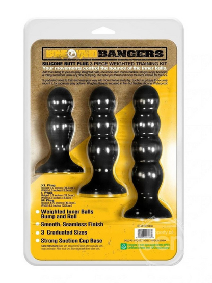 BONEYARD BANGERS SILICONE WEIGHTED BUTT PLUG TRAINING KIT (3 PER SET) - BLACK