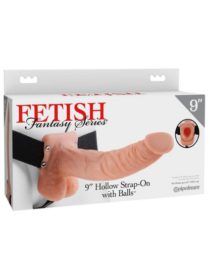 FETISH FANTASY SERIES HOLLOW STRAP-ON DILDO WITH BALLS AND STRETCHY HARNESS 9IN - VANILLA