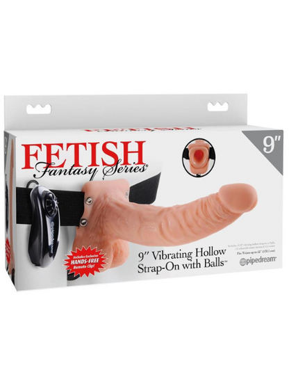 VIBRATING HOLLOW STRAP-ON DILDO WITH BALLS AND HARNESS WITH REMOTE CONTROL 9IN - VANILLA