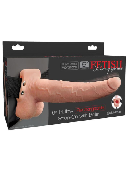 FETISH FANTASY SERIES HOLLOW RECHARGEABLE STRAP-ON DILDO WITH BALLS AND HARNESS 9IN - VANILLA