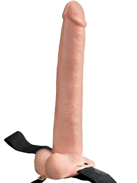 FETISH FANTASY SERIES HOLLOW RECHARGEABLE STRAP-ON DILDO WITH BALLS AND HARNESS 11IN - VANILLA