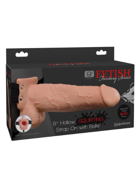 HOLLOW SQUIRTING STRAP-ON DILDO WITH BALLS AND HARNESS 9IN - VANILLA