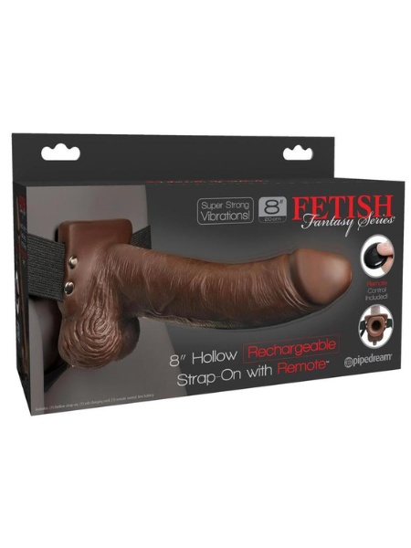 FETISH FANTASY SERIES RECHARGEABLE HOLLOW STRAP-ON DILDO WITH BALLS AND HARNESS WITH WIRELESS REMOTE CONTROL 8IN - CHOCOLATE