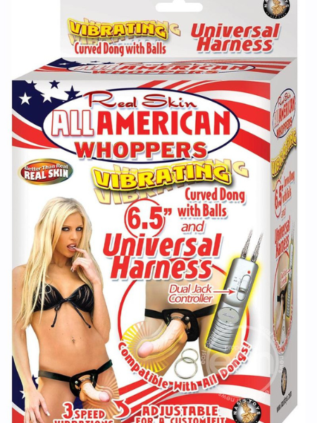 REAL SKIN ALL AMERICAN WHOPPERS VIBRATING DILDO WITH UNIVERSAL HARNESS 6.5IN - BLACK/VANILLA