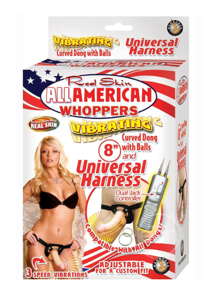 REAL SKIN ALL AMERICAN WHOPPERS VIBRATING DILDO WITH UNIVERSAL HARNESS 8IN - BLACK/VANILLA