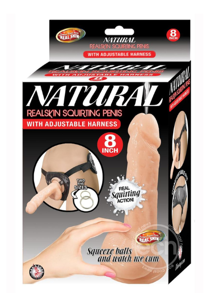 NATURAL REALSKIN SQUIRTING PENIS WITH ADJUSTABLE HARNESS 8IN - VANILLA