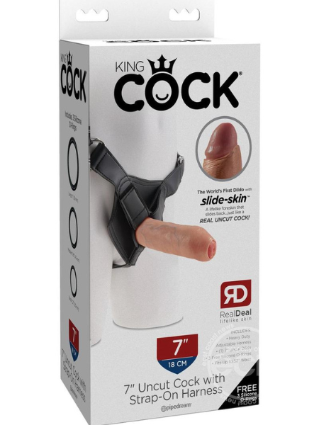 KING COCK UNCUT COCK DILDO WITH STRAP ON HARNESS 7IN - VANILLA