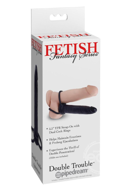 FETISH FANTASY SERIES DOUBLE TROUBLE STRAPLESS STRAP-ON DILDO WITH DUAL COCK RINGS 5.5IN - BLACK