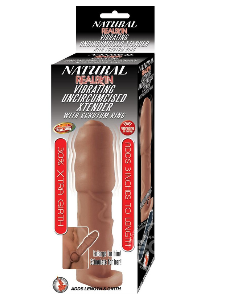 NATURAL REALSKIN VIBRATING UNCIRCUMCISED PENIS EXTENDER WITH SCROTUM RING - CHOCOLATE